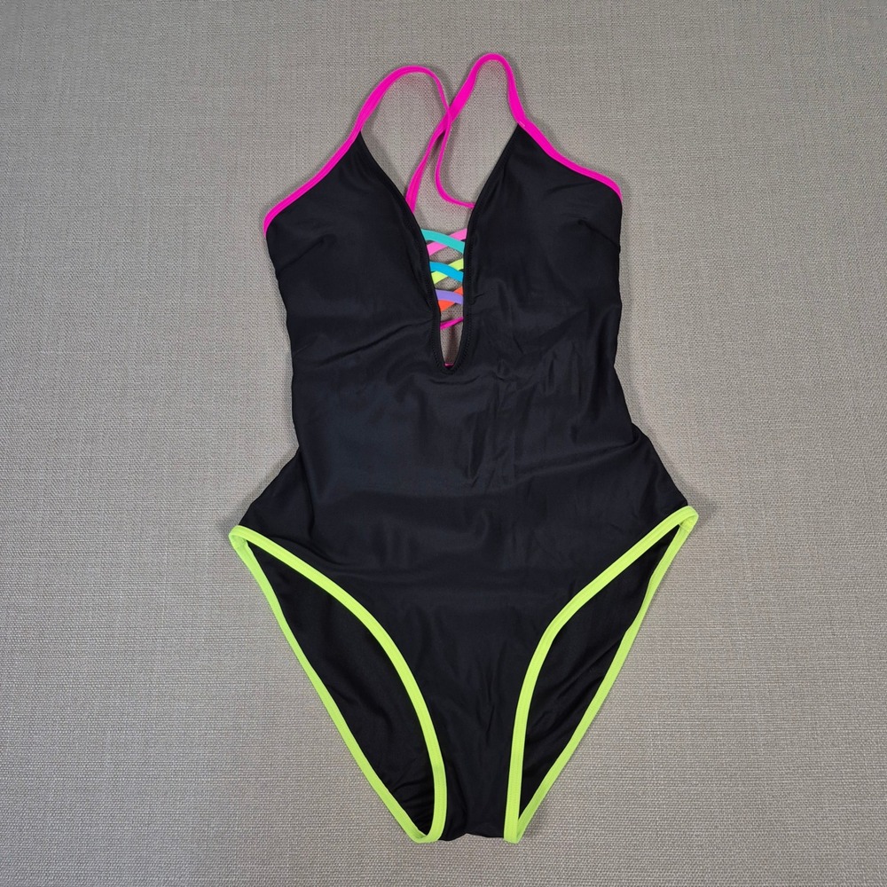 Popvil One Piece Swimsuit Black Neon Rainbow Lace Up Strappy Size M NEW